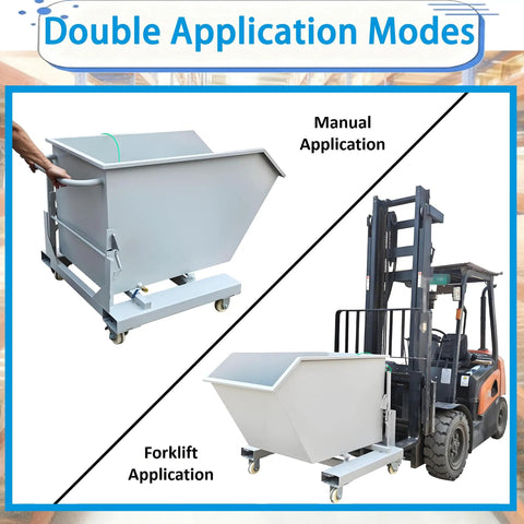 No Sweat Heavy Duty Steel Self Dumping Hopper Shifts From Forklift Or Push Cart Mode Effortlessly showing manual and forklift applications.