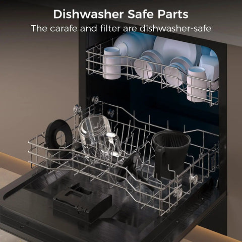 SCA Certified 8 Cup Drip Coffee Maker parts in dishwasher, showing dishwasher-safe carafe, filter, and components