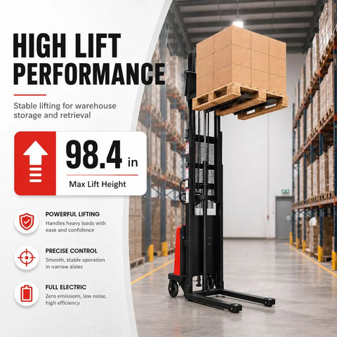 Heavy Duty 1.6 KW Semi Electric Pallet Stacker With 3500 Lb Lift Cap lifting pallets to 98.4 in in a warehouse aisle.