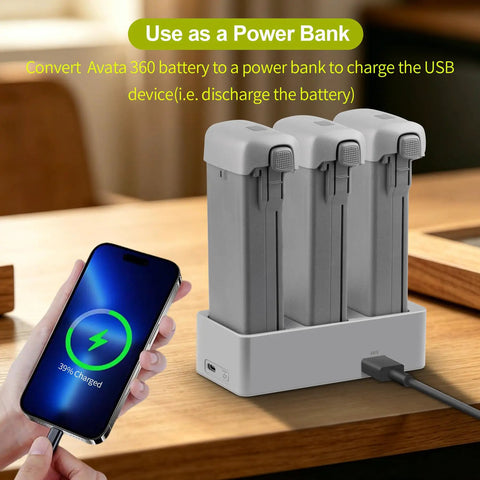 3 Way Charging Hub For DJI Avata 360 Drone 100W Fast Intelligent Battery Charger Station with phone charging via power bank.