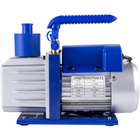Heavy Duty 4.8 CFM 1/3 HP Auto AC Vacuum Pump With Integrated Manifold And Anti Reflex Oil Solid Die Cast Housing side view.