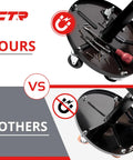 Comparison of rolling mechanic shop stool with magnetic tool tray versus non-magnetic version, showing secured tools on tray.