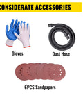 Considerate accessories for Drywall Sander Workhorse 750W include gloves, dust hose, and six sanding pads.