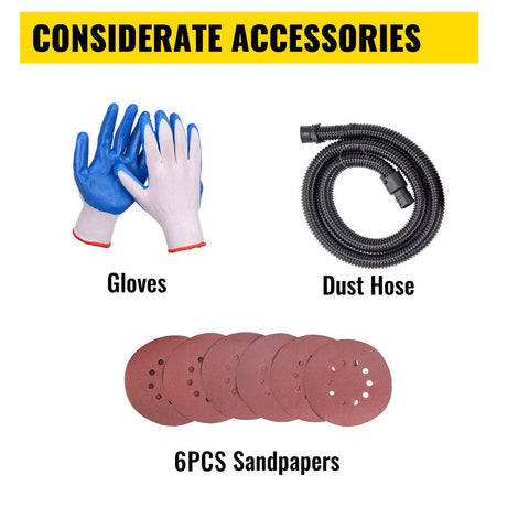 Considerate accessories for Drywall Sander Workhorse 750W include gloves, dust hose, and six sanding pads.