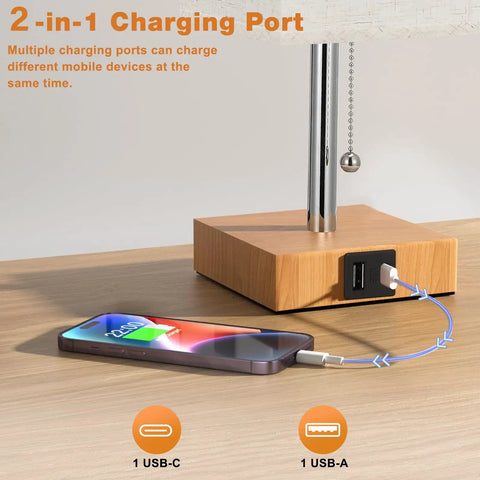 Bedside Lamp With USB C And USB A Ports 3 Color Modes From 2700K To 5000K Pull Chain Nightstand Table Lamp charging phone