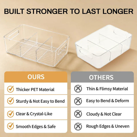 Clear Pantry Organizers And Storage Bins With Quick Adjust Dividers, Super Sturdy Fridge Containers for Kitchen Shelving, showing comparison with sturdy design.