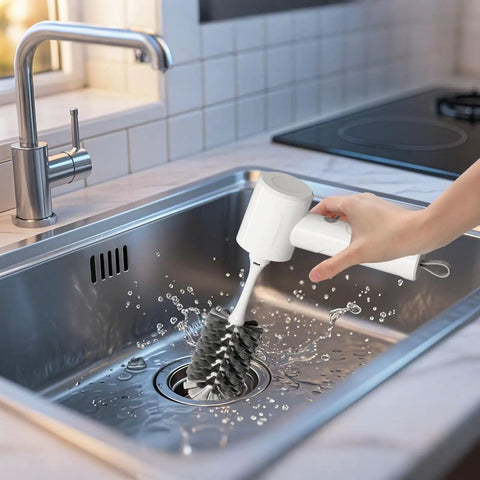 Cordless Electric Spin Scrubber With 1500mAh Battery cleaning a stainless steel sink
