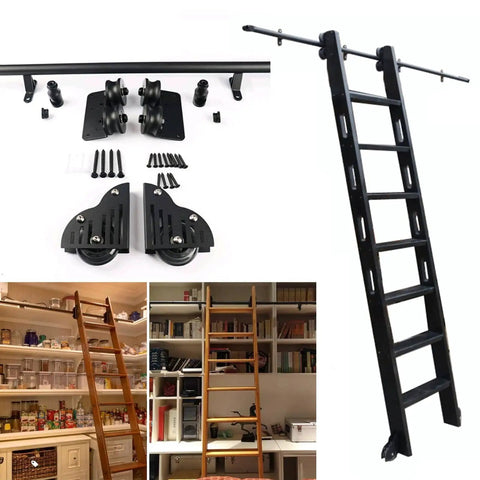Sliding Barn Door Roller Hardware Kit With Big Spoke Wheels For Library Ladders And Closets, Basic Black Carbon Track System