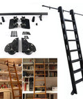 Sliding Barn Door Hardware Kit with black carbon track for library ladders, shown unassembled with low-noise big wheel rollers.