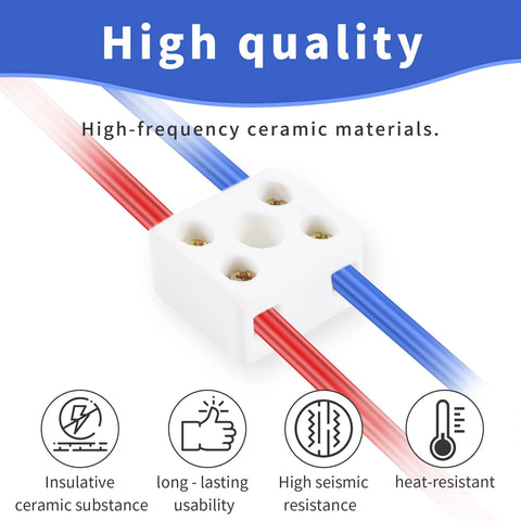 Front view of white ceramic terminal block, 2-way 5-hole, with red and blue wires.