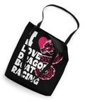 Black tote bag with 'I Love Dragon Boat Racing' text and pink dragon design, lightweight and durable, ideal for paddling enthusiasts.