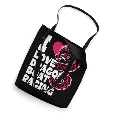 Black tote bag with 'I Love Dragon Boat Racing' text and pink dragon design, lightweight and durable, ideal for paddling enthusiasts.
