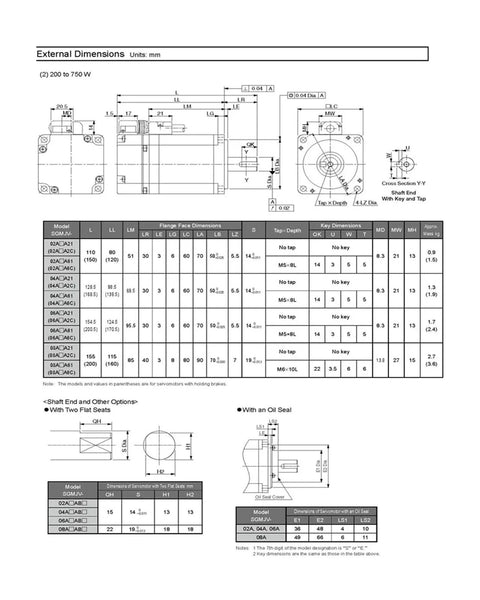 CHUNYE SGMJV 400W servo motor dimensional drawing; front and side views with external mm dimensions and mounting details.
