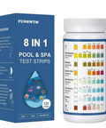 Smooth Eight In One Salt Water Pool Testing Kit With 125 Fast Action Strips packaging and test strip container, detailed usage instructions.