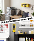 Beefy Heavy Duty 20 Amp Power Strip with 12 Gauge 6 Foot Extension Cord in office and garage setup.