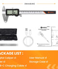 Rechargeable Digital Caliper With Auto Off, One Key Reset, And mm In F Conversion, 6 Inch Measuring Tool shown with accessories