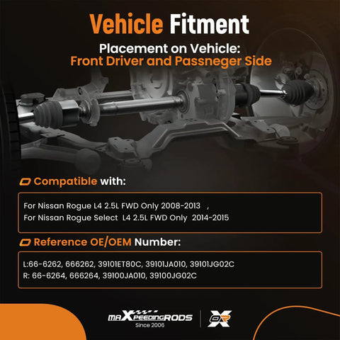 Tough As Nails Front Left And Right CV Axle Assembly For Nissan Rogue Rogue Select 2008 2015 showing fitment for driver and passenger side.