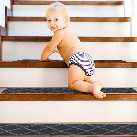 Baby on stairs with Indoor Stair Treads 15 Pack for Wooden Steps Non Slip Carpet Treads Gray Plaid Runner Mats, soft feel, non-slip backing
