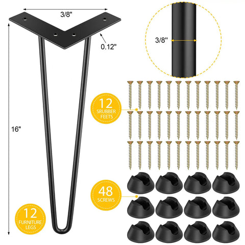 12 Pack 16 Inch Hairpin Metal Table Legs Heavy Duty Furniture Feet With Floor Protectors And Screws Display