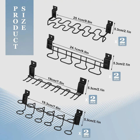 8 Pcs Slatwall Tool Organizer Racks Kit With Stainless Steel Multi Ring Holders for Workbench, showing rack sizes