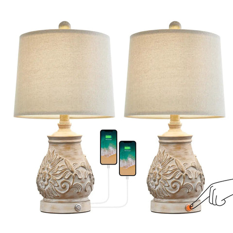 21 Inch 3 Way Dimmable Touch Table Lamp With Two Usb Ports For Living Room And Bedroom Decor Cozy Classic Rustic Farmhouse Vintage Nightstand Lighting Soft Led Easy Tap Control, set of two on a table, showing USB charging feature.
