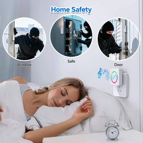 Wireless Door Chime Sensor Alarm When Door Opens For Easy Home Safety Ideal Toddler Barrier And Dementia Care Reminder No Wiring Needed Quick Setup No Fuss Loud Alert For Catching Every Open Door Peaceful Home, white plug-in receiver on wall