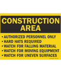 Construction Zone Warning Sign 10 By 14 Inches Heavy Duty Aluminum Plate Authorized Personnel Only Hard Hats Required Rust Proof Outdoor Metal Mount With Pre Drilled Holes For Site Crews Hella Tough No Fuss Safety Gear on a yellow background.