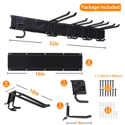 Package contents of 32 Inch Adjustable Garage Tool Storage Rack Wall Mounted Organizer With 8 Pieces And 6 Hooks Heavy Duty Garden Tool Hanger