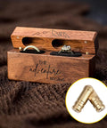 Brass Hidden Cylinder Hinges 25 Pack used in wooden jewelry box lid with rustic design, shown alongside the closed brass hinges.