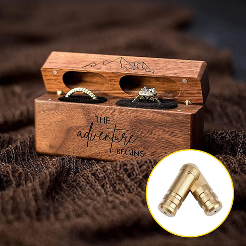 Brass Hidden Cylinder Hinges 25 Pack used in wooden jewelry box lid with rustic design, shown alongside the closed brass hinges.