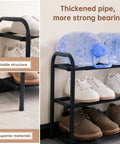 Expandable Three Tier Metal Shoe Rack for entryway showcasing sturdy black metal frame with shoes and water bottles.