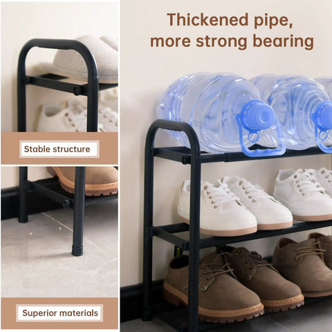 Expandable Three Tier Metal Shoe Rack for entryway showcasing sturdy black metal frame with shoes and water bottles.