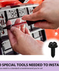 Hella Durable Stainless Steel License Plate Screws For Cars And Trucks 8 Piece Kit Black being installed with a screwdriver.