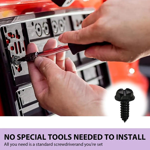 Hella Durable Stainless Steel License Plate Screws For Cars And Trucks 8 Piece Kit Black being installed with a screwdriver.