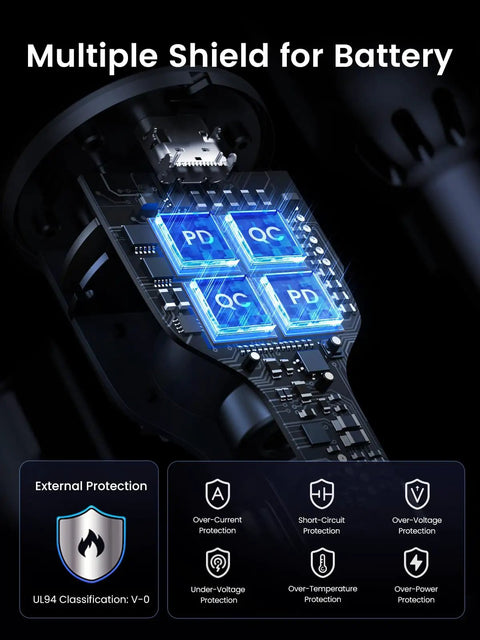 130W USB C Car Charger With PD Fast Charge Dual Type C Ports internal circuit board showing protection features