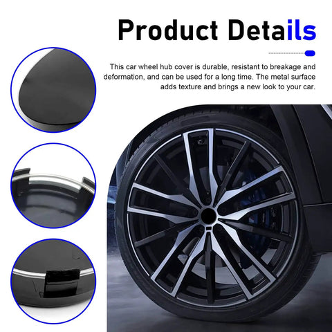 Close-up of Set Of Four Matte Black Wheel Center Hub Caps Heavy Duty Abs Snap In Rim Covers Universal Fit for your daily driver.