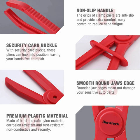 Non-slip red pliers from 6 Piece Hose Clamp Set With Pinch Clamp Pliers For Flexible Hoses Fuel Gas Brake And Radiator Lines Three Sizes Small Medium Large Made From Heat Resistant Durable PA6 Nylon Non Conductive with secure grip and round jaws
