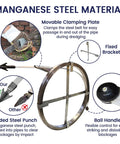 Heavy Duty Manganese Steel Drain Snake With Tough Impact Head And Storage Rack To Knock Out Stubborn Sink Clogs And Keep Your Pipes Flowing Smooth, featuring movable clamping plate and welded steel punch.