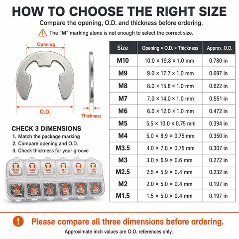 Diagram showing size guide for 555 Piece Stainless Steel E Clips Set In 12 Sizes M1.5 To M10 With Clear Organizer Box