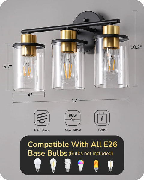 Chic Brushed Nickel 3 Light Vanity Light Over Mirror With Clear Glass Shades, showing dimensions and base compatibility
