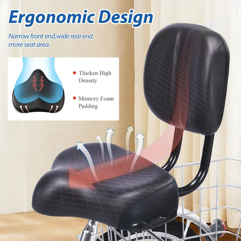 Oversized Bike Seat With Backrest For All Day Comfort And Easy Adjustable Height Saddle For Men And Women Wide Replacement For Tricycle Commuter City Electric Bike Mountain Road And Indoor Exercise Bikes black memory foam seat with backrest
