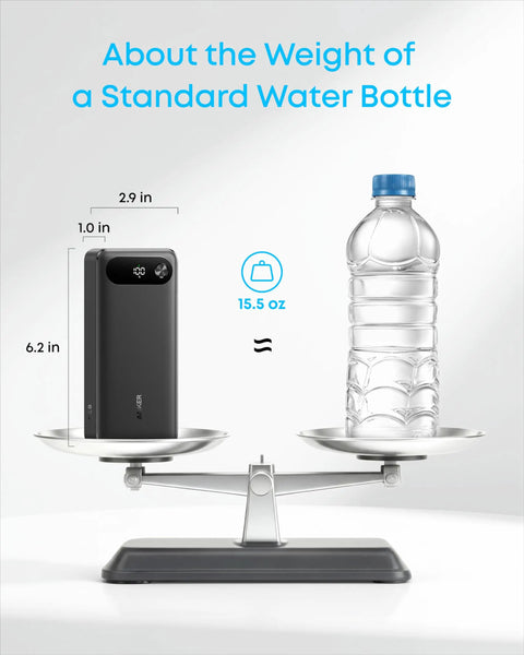 Hella Reliable Portable Charger And 20000 Mah Power Bank With Built In Usb C Cable compared to a standard water bottle on a scale.