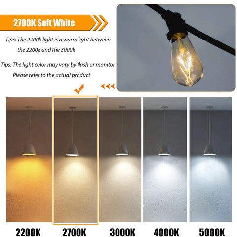 Comparison of light temperatures from 2200K to 5000K with 2700K highlighted, showcasing 12 Pack 2W LED Edison Bulbs 250LM Not Dimmable, 2700K Soft Warm White, ST19 Filament Bulbs with E26 Base, 120V, 25W Equivalent, Clear Glass, Retro Vibe Lighting for Chandeliers and Decorative Fixtures