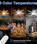Outdoor Camping Ceiling Fan With Light And Remote, 20 Inch Portable Fan showing warm, neutral, cool light modes in various settings