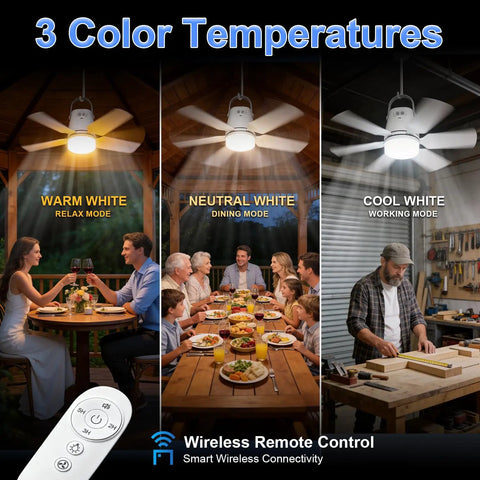 Outdoor Camping Ceiling Fan With Light And Remote, 20 Inch Portable Fan showing warm, neutral, cool light modes in various settings