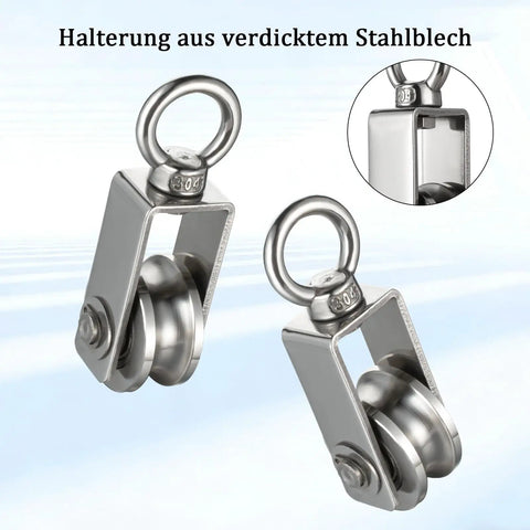 Beefy Stainless Steel Cable Pulley Block With Silent Bearings Swivel Kit For Heavy Duty Applications 550lb Load Capacity For Garage Attic Kayak Deer Hanging Gym Equipment 4 Pack, stainless steel pulley close-up