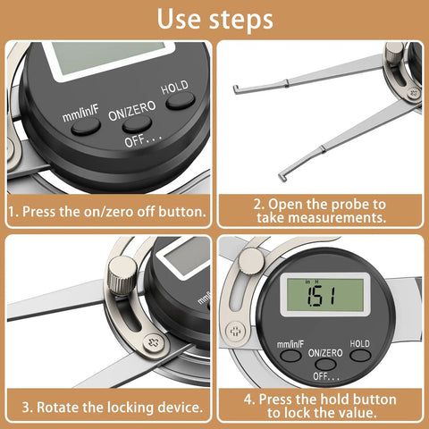 Handy Digital Inside Caliper Gauge For Woodworking 0.5 To 7 Inch Range With Metric Fraction Decimal Readings Alloy Jaws Digital Display With Hold Function Pro Grade Inside Measuring Tool, close-up use steps