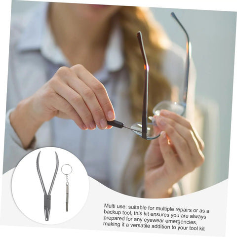 Person using Stainless Steel Eyeglass Repair Pliers With Nose Pad Tool 2 Piece Glasses Maintenance Kit for quick adjustments.