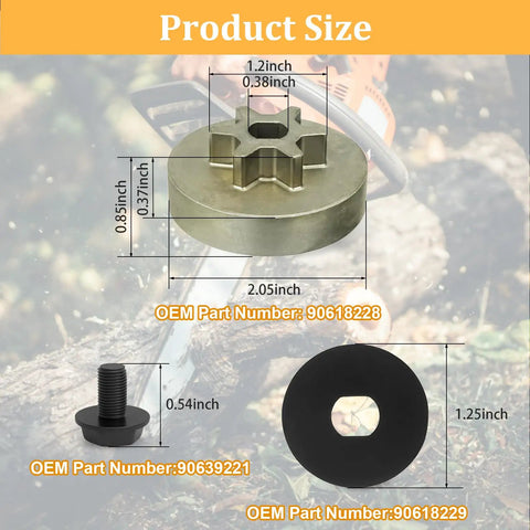 Dewalt Chainsaw Drive Sprocket Replacement Kit with part sizes shown, includes sprocket, bolt, and washer, OEM 90618228 90639221 90618229.