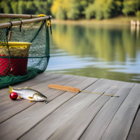 One Hand Operated Worm Bait Threading Needle For Freshwater And Saltwater Fishing, Stainless Steel Construction Built Tough For Live Bait Rigging, Sea Creek Lake Angling Tool With Red Worm Threader. Worm threader on dock beside fish lure and net.